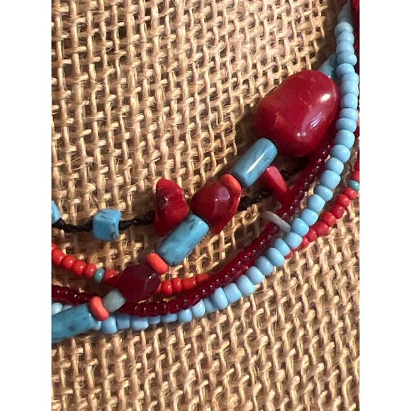 Southwestern Multi Strand Simulated Red Coral Howlite Necklace Antique Gold Adj - Picture 2 of 5